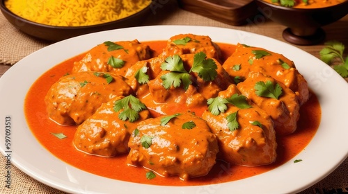 A Plate of Chicken Tikka Masala, Served with Fluffy Basmati Rice. Spiced Sauce. Indian Dish. Yummy Food. Generative AI.