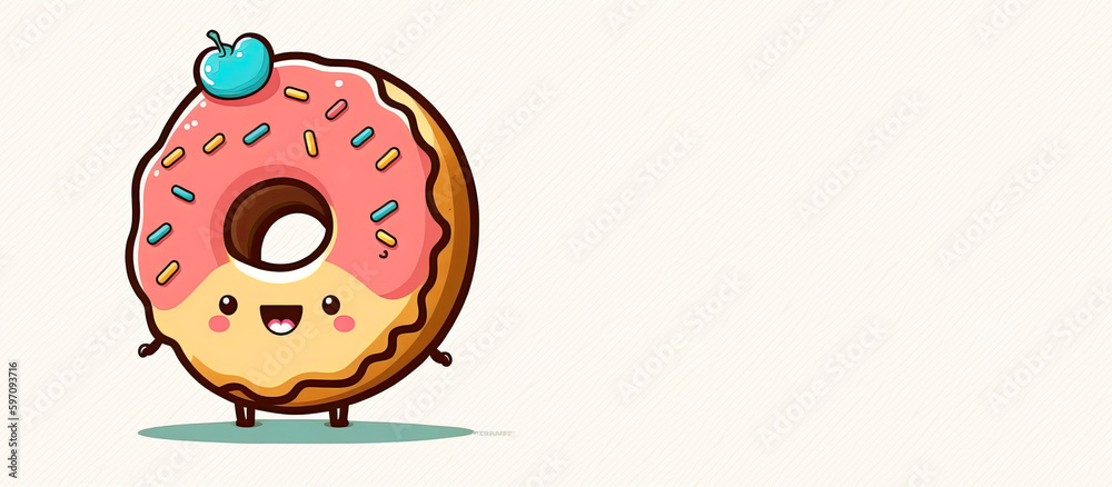Fototapeta premium Funny donut character isolated on a white background. Panoramic Generative AI illustration with space for text.