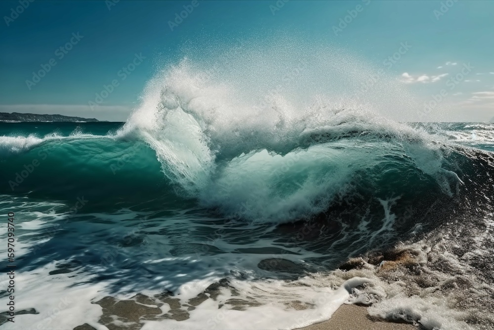 Obraz premium Sunny day, Beauty of marine nature, strength and power of the water element in form of a large turquoise sea wave crashing on shore. AI generative
