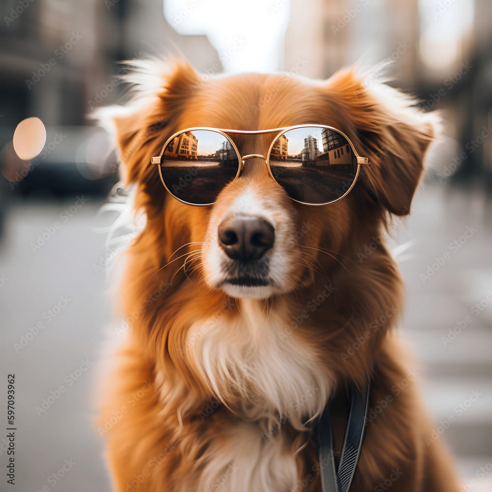 portrait of a dog in the city wearing sunglasses - Generative AI