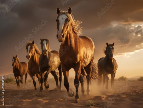 Horses free run on desert storm © Veniamin Kraskov