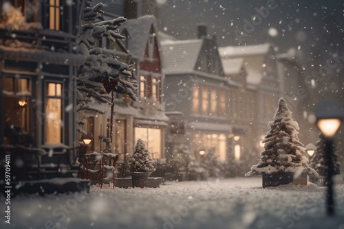 Festive snowfall Christmas scene. Generative AI © Yvaine