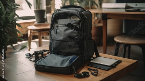 A compact travel backpack with accessories on a table in a cafe.
