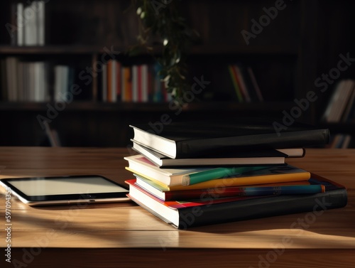 A stack of books beside a tablet, illustrating the combination of traditional and digital learning resources. 