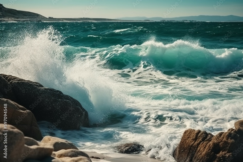 Sunny day, Beauty of marine nature, strength and power of the water element in form of a large turquoise sea wave crashing on shore. AI generative
