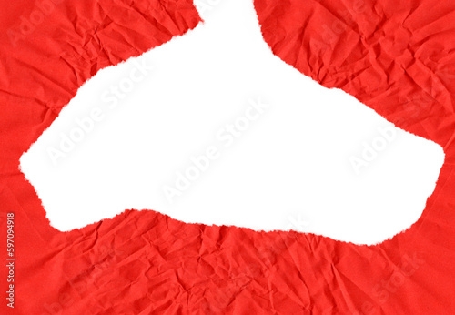 Huge central tear on red crumpled paper
