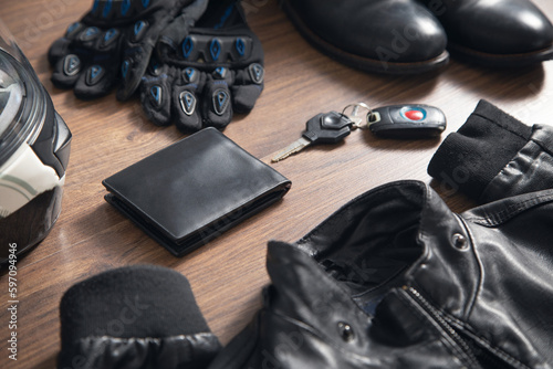 Outfit of biker and accessories. The lifestyle of a rider