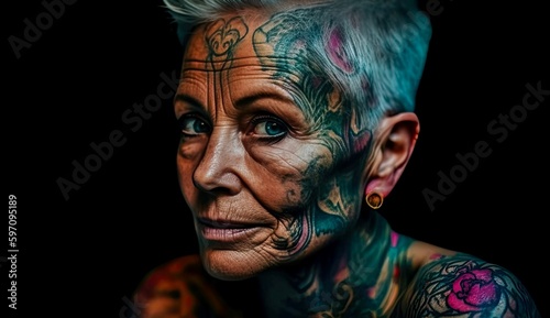 A heavily facial and head tattooed older woman with short gray hair looks to the camera. Generative AI