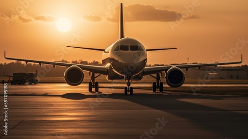 plane on the runway ready for takeoff. Golden hour. generative ai