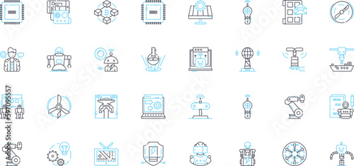 Unmanned aircraft linear icons set. Drs, Quadcopters, UAS, UAVs, Remotely Piloted Vehicles, Flying Robots, Helicopters line vector and concept signs. Aerial Vehicles,Airborne Generative AI