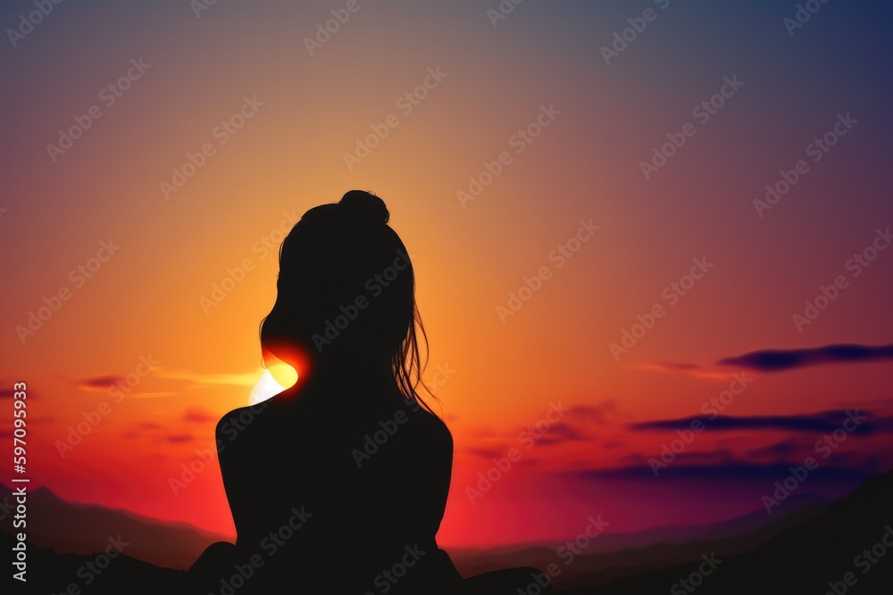 A woman practicing meditation on the sunset. View from the back. Beautiful evening landscape.