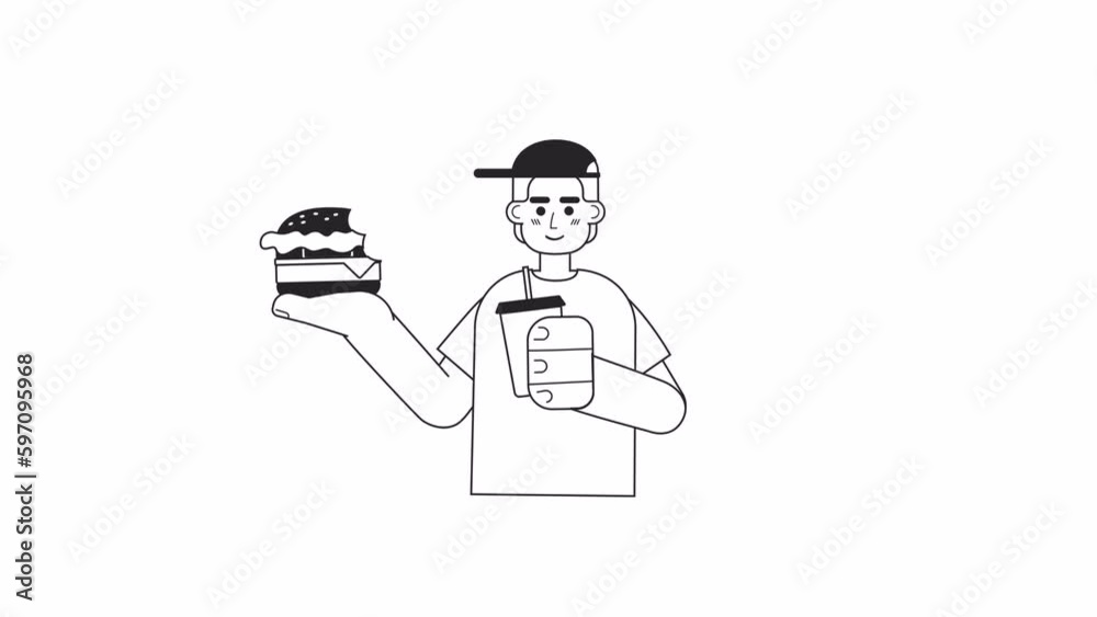 Teenager enjoying food bw animation. Male student drinking with cheeseburger isolated 2D flat monochromatic thin line character 4K video footage on white with alpha channel transparency for web design Teenager enjoying food bw animation. Male student drinking with cheeseburger isolated 2D flat monochromatic thin line character 4K video footage on white with alpha channel transparency for web design