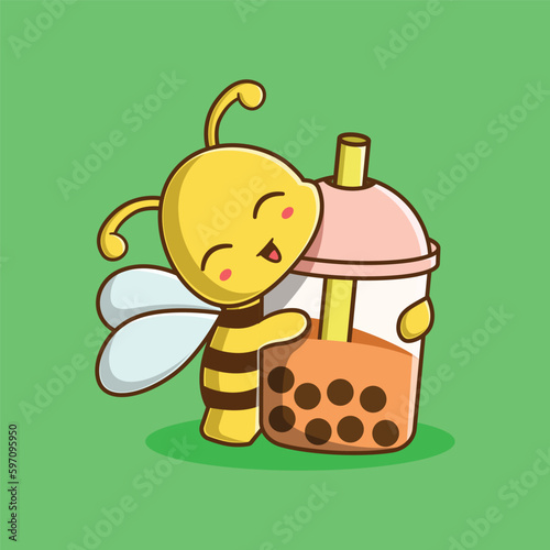 Vector Cute Bee Hugging Bubble Tea Cartoon Character Illustration