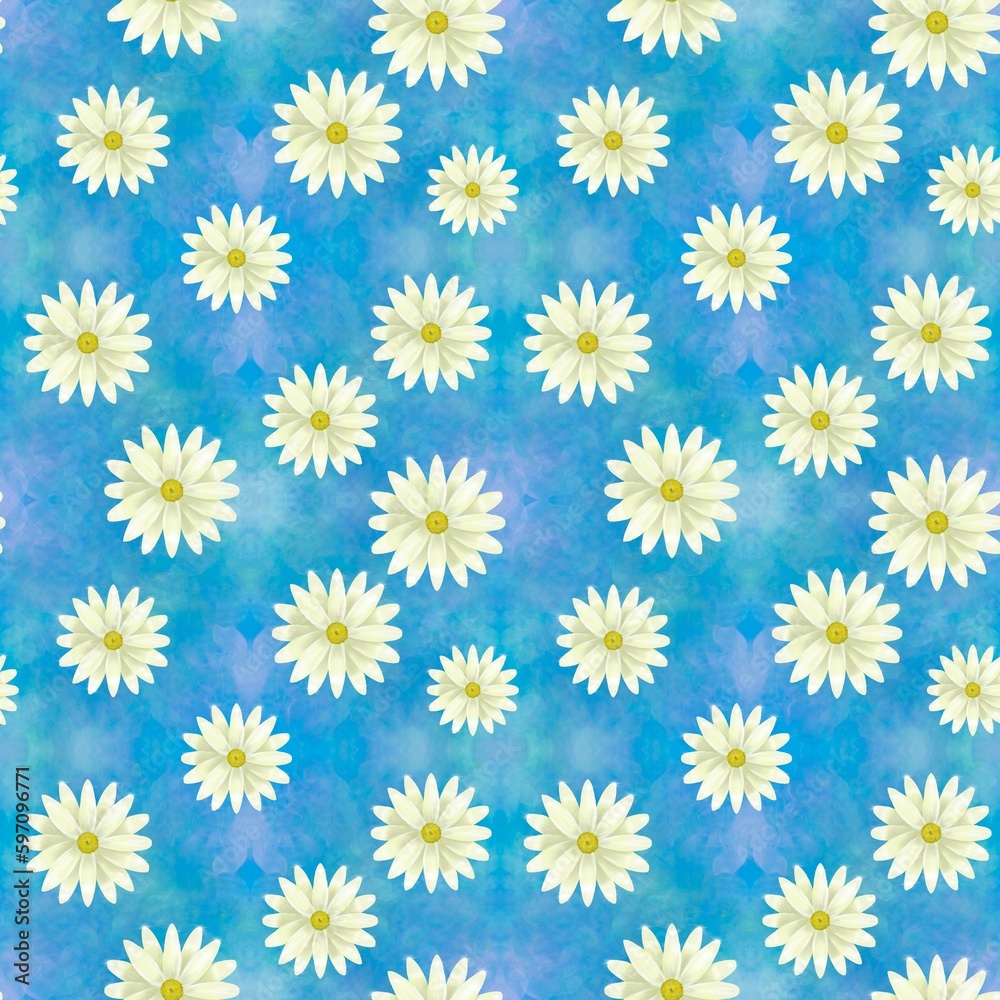 Chamomile pattern. Delicate flowers on a blue background. Sky background. Gift for a woman on the day of love. Valentine's Day. Festive drawing for New Year and Christmas Chamomile pattern. Delicate flowers on a blue background. Sky background. Gift for a woman on the day of love. Valentine's Day. Festive drawing for New Year and Christmas