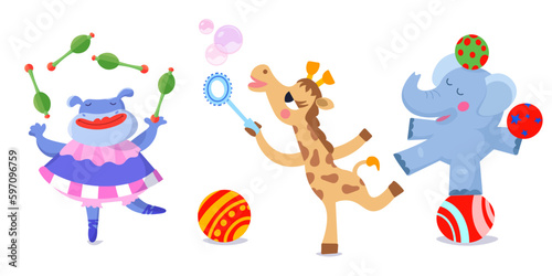 Set of cute circus animals. Hippo juggler, elephant with balls and giraffe with soap bubbles. Cartoon style illustration. Isolated character for design on white background. Vector illustration.