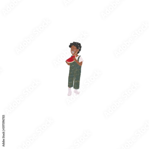 Illustration with cute laughing boy with curly black hair with watermelon on his hands. Print on white background for books, paper, logo, stickers, banners, greeting. Isolated 