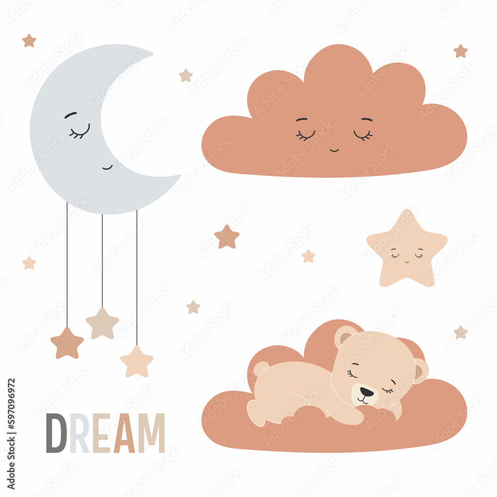 Vector nursery elements. Sleeping cloud, moon, star and cute teddy bear sleeping on the cloud. Flat design for wallpaper, kid's clothing, greeting card, baby shower invitation.