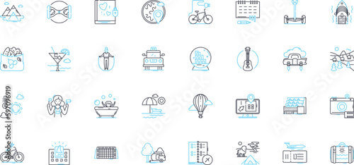 Journey linear icons set. Exploration, Odyssey, Adventure, Pilgrimage, Passage, Progress, Excursion line vector and concept signs. Trek,Expedition,Quest outline illustrations Generative AI