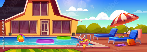 Swimming pool on house summer backyard cartoon illustration. Poolside vacation on back yard lounge place. Parasol, fruits and lifebuoy in water scene. Luxury outdoor villa design on sunny day.