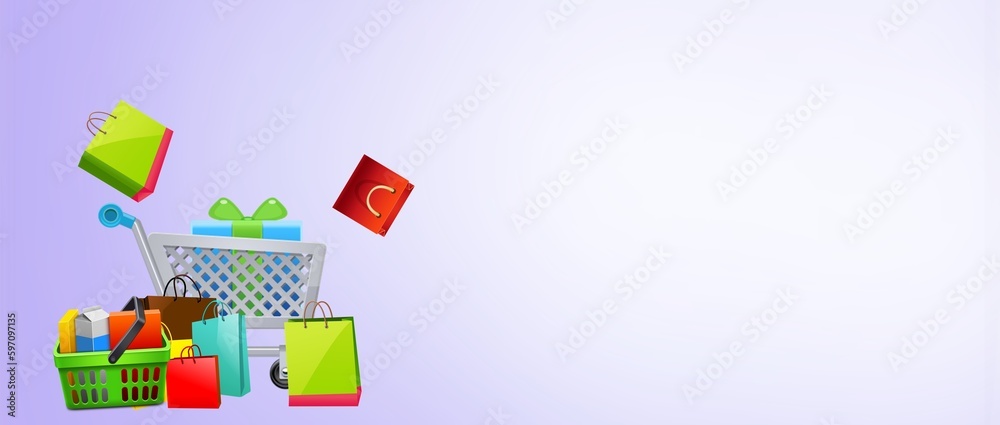 Online store concept, shopping cart and dlivery bags