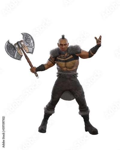 Fantasy Orc warrior standing in aggressive pose with double headed axe in hand. Isolated 3D illustration. © IG Digital Arts