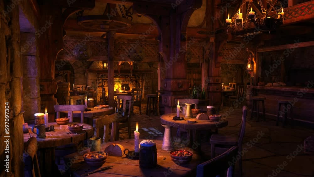 Cosy atmospheric medieval inn with dinner on the table lit by candlelight. 3D animation.