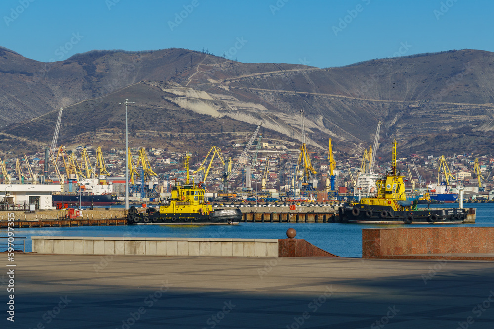 Fototapeta premium View of Novorossiysk Commercial Sea Port to container ships, Port cranes. Turquoise water in foreground. Largest Russian port in Tsemes bay of the Black Sea. Novorossiysk, Russia - December 20, 2022