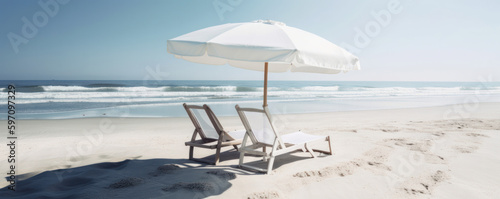 Experience pure relaxation and soak up the breathtaking view of the ocean from two beach chairs and umbrellas on the white sandy beach. AI Generative.