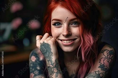 A woman tattooed on hands, arms, and shoulders with a nose piercing and red-pink hair looks to the camera happily. Generative AI