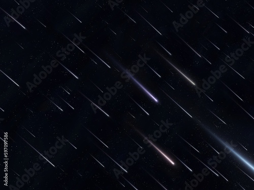 Star rain on a black background. Meteor shower in the night sky. Lots of falling stars. A stream of meteorites.