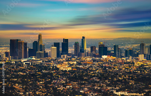 City skyline of Los Angeles downtown in California during sunset. Long exposure.