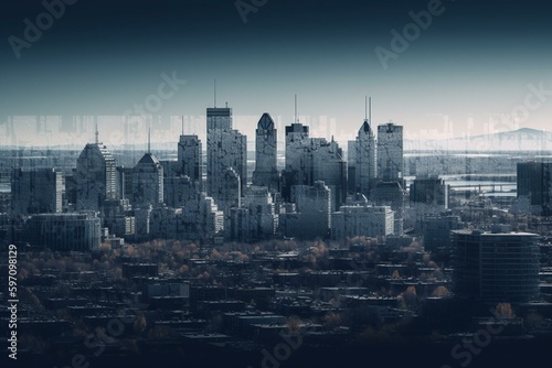 Transparent layers create gradient skyline of Montreal landmarks. Generative AI