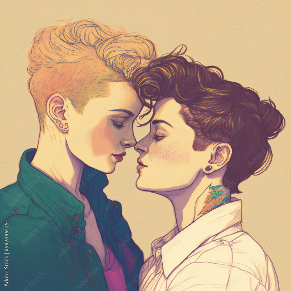 Beautiful and romantic drawing of a lesbian couple Beautiful and romantic drawing of a lesbian couple