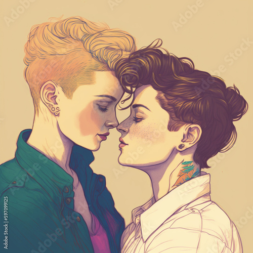 Beautiful and romantic drawing of a lesbian couple