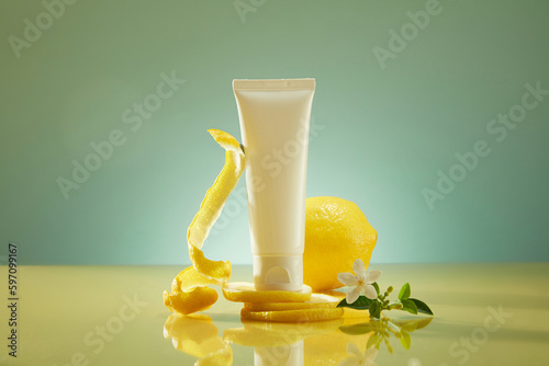 Front view of a white plastic bottle unbranded placed on lemon slices, decorated with peel and flower of lemon on backlit background. Cosmetic, beauty product promotion mockup