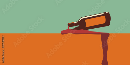 A bottle of wine fell and spilled on the table. Vector illustration in retro style.