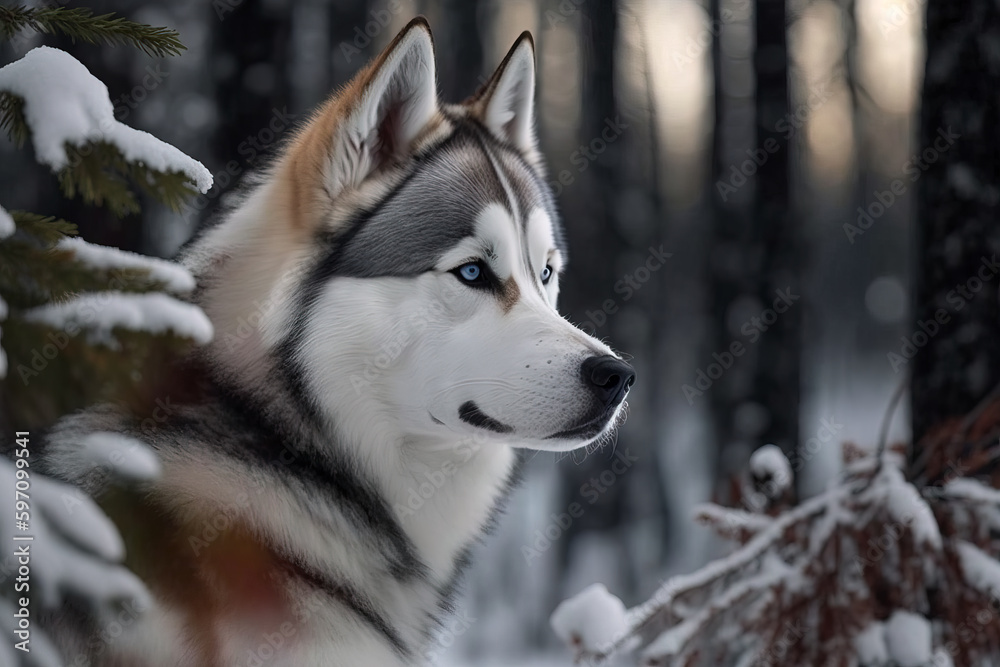 Siberian husky in winter forest. Generative AI