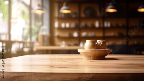 Wooden Table in Blurred Cafe Background  Perfect for Product Display and Decoration