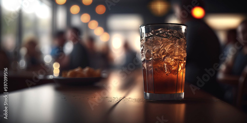Cocktail close up in a bar setting. Blurred people in the background. Generative AI