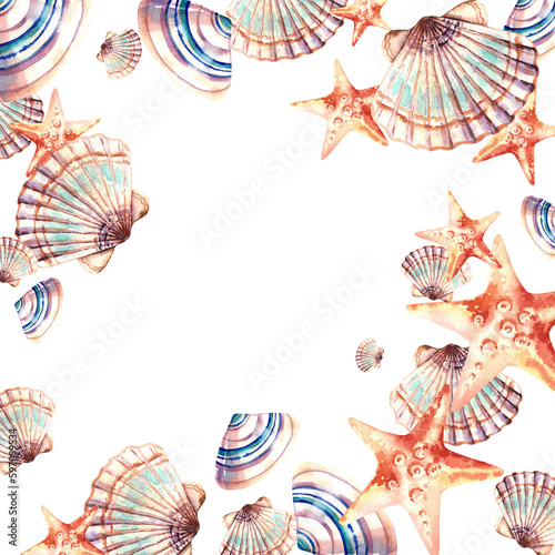 A frame of marine life. Shells, starfish. Watercolor illustration. Background for postcards and invitations.