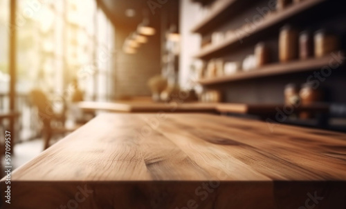 Wooden Table in Blurred Cafe Background, Perfect for Product Display and Decoration