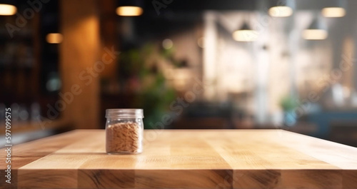 Wooden Table in Blurred Cafe Background, Perfect for Product Display and Decoration © Thares2020