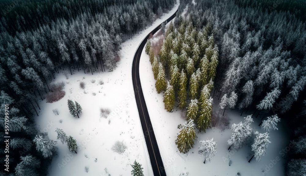 Windy road in snow covered forest, Generative AI