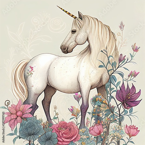 gentle unicorn on the background of flowers Generative AI © zolotons
