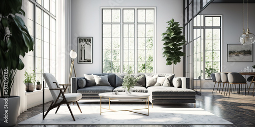Bright and airy contemporary living room with minimalist style. Generative AI © lali