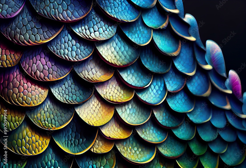 A mosaic of interlocking fish scales, each with its own unique color ...