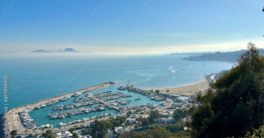 Port of Sidi Bou Said, Wide Aerial View, Tunis
