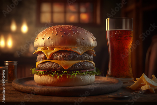 Juicy burger with two beef patties and light beer on a pub background. Generative AI