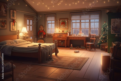 Illustrated Christmas cartoon room. Generative AI