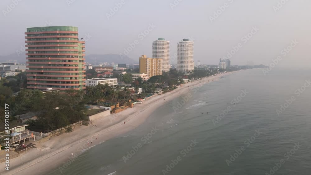 Hua Hin Beach Morning Drone Dolly Shot in Thailand. Hua Hin Beach Morning Drone Dolly Shot in Thailand.